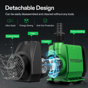 VIVOSUN 800GPH Submersible Fountain Water Pump for Pond, Aquarium, Statuary | 3000L/H, 50W, Ultra Quiet Water Pump with 10ft. High Lift and 6.5ft. Power Cord, 3 Nozzles for Hydroponics, Green