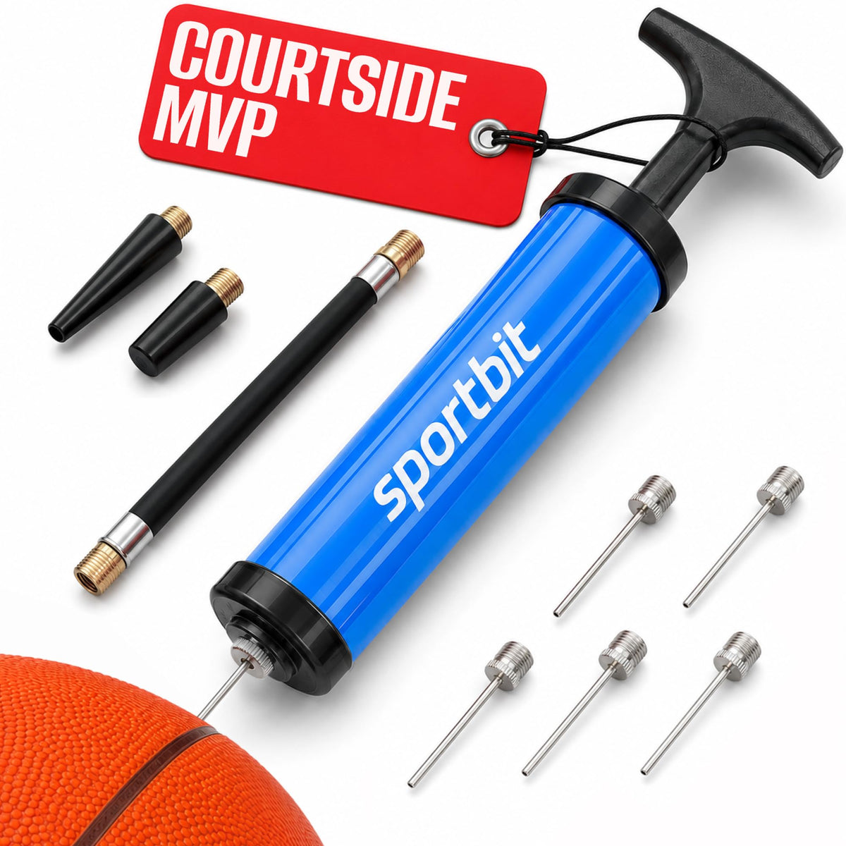 SPORTBIT Basketball Pump – Ball Pump for Sports Balls | Push & Pull Inflating System – Hand Pump for Basketball, Volleyball, Soccer & Football – Gifts, Court & Gym Ready