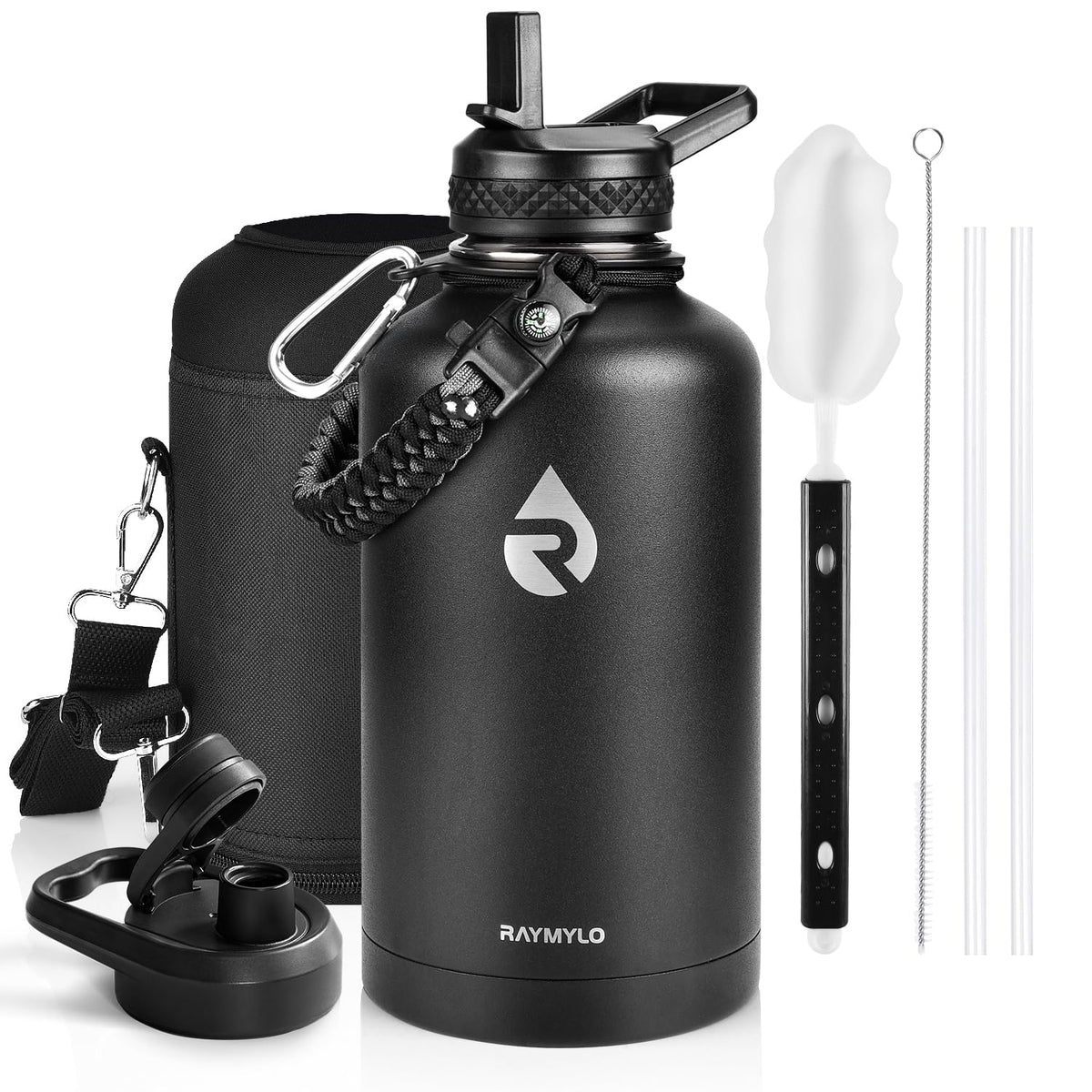 RAYMYLO Insulated Water Bottle 64 oz, Triple Wall Vacuum Stainless Steel | (Cold for 48 Hrs), Leak Proof & Non-BPA, Half Gallon Water Flask Jug with Paracord Handle & Straw Spout Lids