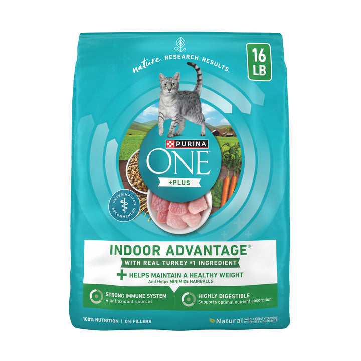 Purina ONE Indoor Advantage Weight Control Dry Cat Food, 16 lb Bag | Made with real turkey and 10% less fat, plus antioxidants and fiber to help minimize hairballs and aid in weight control