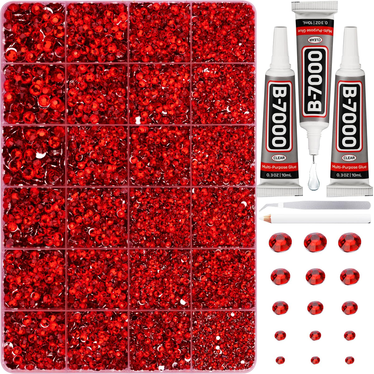 35000Pcs Red Rhinestones for Bedazzling, Siam Flatback Bedazzle Gems Stones | 2,3,4,5,6mm Resin Crystals Bedazzler Kit Jewels Flat Back Gemstones with b-7000 Glue for Clothes Crafting Clothing Crafts