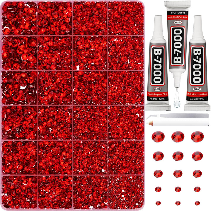 35000Pcs Red Rhinestones for Bedazzling, Siam Flatback Bedazzle Gems Stones | 2,3,4,5,6mm Resin Crystals Bedazzler Kit Jewels Flat Back Gemstones with b-7000 Glue for Clothes Crafting Clothing Crafts