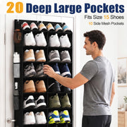 UVIAHOMI 20-30 Pairs Over the Door Shoe Organizer with Side Mesh Pockets | Black 10-Tier Hanging Shoe Storage for Closet, Breathable Door Shoe Rack Holds Sneakers, Boots, Heels & Daily Essentials