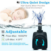 PULACO 160GPH Small Submersible Water Pump with 3.3 ft Tubing | 10Watt Ultra Quiet Fountain Pump (600L/H) for Aquariums, Pond Fountain, Water Feature, Indoor Fountains