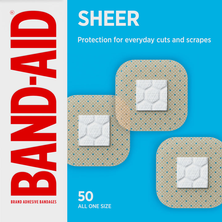 BAND-AID Brand Sheer Spot Square Adhesive Bandages, All One Size, 50 Count | Lightweight Protection, Discreet Sterile Wound Care for Minor Cuts & Scrapes, Small Spot Bandages, First Aid Kit Essential