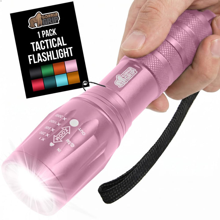 GORILLA GRIP Powerful LED Handheld Flashlight, Pink | Water Resistant 750 FT Lumen, 5 Adjustable Modes, Ultra Bright Zoom , Small Mini Flashlights, Camping, Night Dog Walking