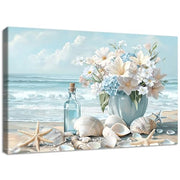 Wooden Framed Canvas Wall Art Blue Ocean Coastal Seascape Painting on Canvas Prints Poster Hydrangea Lilies Flower in Vase Pictures for Living Room Bedroom Home Hallway Corridor Wall Decor 30x40cm