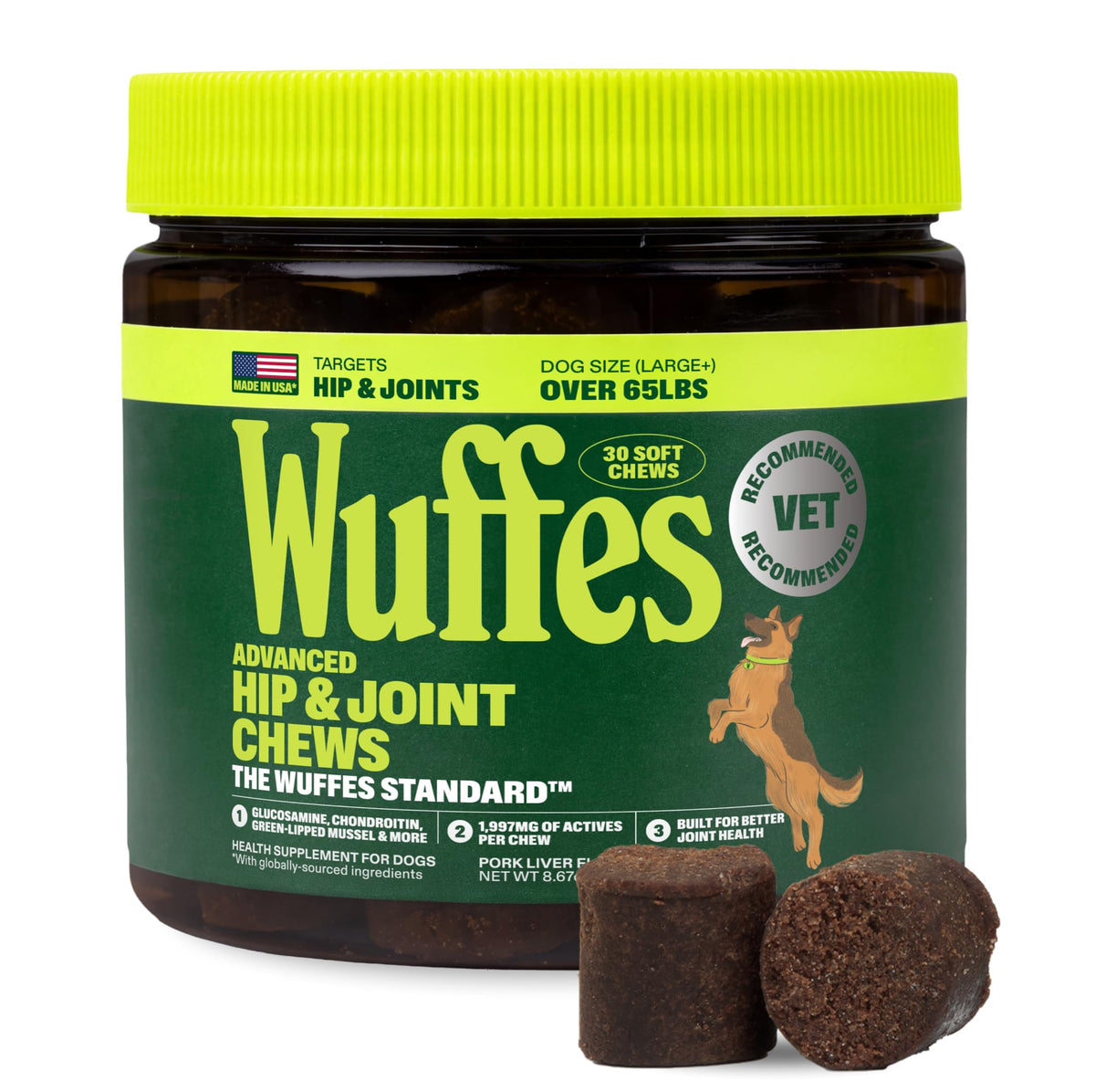 Wuffes Advanced Hip & Joint Chews for Large Breed Dogs, Vet Recommended, Glucosamine, Chondroitin, MSM, Green-Lipped Mussel, Hyaluronic Acid & Omega-3s. Supports Mobility & Flexibility. 30 Pork Chews
