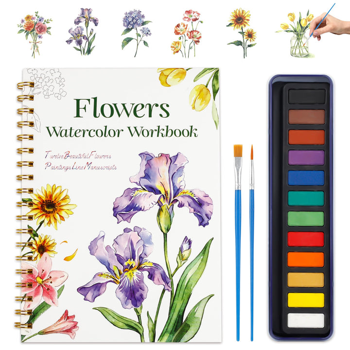 CHIZEKOO Flowers Watercolor Workbook for Adults Beginners, 12-Color Watercolor Paint Set with Brush, 12 Floral Line Art, 140lb (300GSM) Spiral-Bound Paper, Travel Art & Relaxation