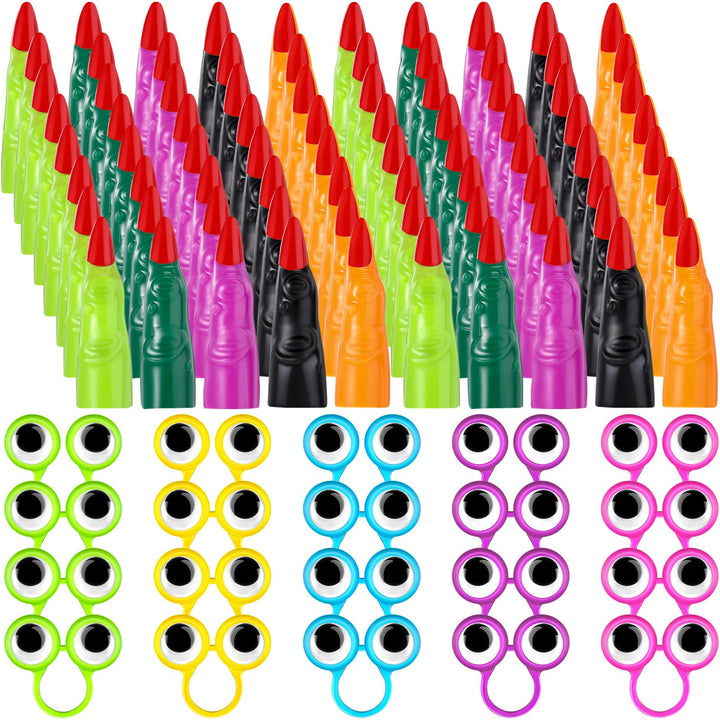 Zubebe 80 Pcs Halloween Witch Fingers Pointers and Googly Eye Rings Set | Fake Nail Covers for Reading, Wiggly Googly Eyeball Rings for Costume, Party Favors for Classroom Halloween Events Cosplay