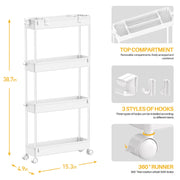 SPACELEAD Slim Storage Cart 4 Tier,Bathroom Organizer Rolling Utility, Mobile Shelving Unit Slide Out for Office, Kitchen, Laundry Room & Narrow Places,White