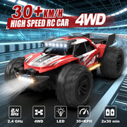Remote Control Car, 4WD High Speed 30+KPH RC Cars for Boys Age 8-12, 2.4GHz RC Monster Truck Toys, 1:18 RC Truck with 2 Rechargeable Batteries & LED Lights, Birthday Gifts for Adults Kids
