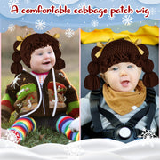 Jeere Halloween Cabbage Costume Yarn Wig, Dark Brown 1, Loop Pigtails | Yarn Hat with Twin Pigtails, Pink Bow Accents, Bangs Fringe, Infant Halloween Costume, Newborn Photo Prop for Dress up