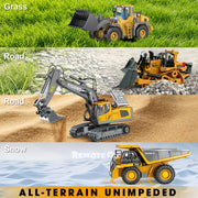 Remote Control Excavator (11-Channel), Dump Truck, Bulldozer, Loader (9-Channel), 2.4GHz Remote Control Construction Vehicles, Made of ABS, with Cool Lights and Sound Effects, 4-Pcs