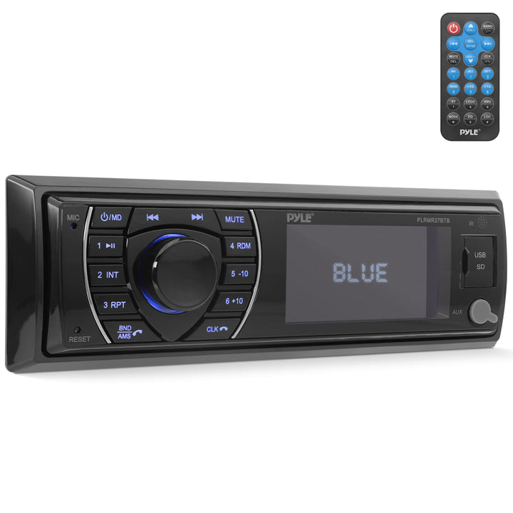 Pyle Bluetooth Marine Receiver Stereo - 12v Single DIN Style Boat In dash Radio Receiver System with Digital LCD, RCA, MP3, USB, SD, AM FM Radio - Remote Control, Wiring Harness - PLRMR27BTB (Black)
