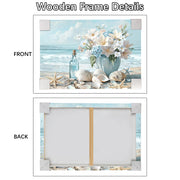 Wooden Framed Canvas Wall Art Blue Ocean Coastal Seascape Painting on Canvas Prints Poster Hydrangea Lilies Flower in Vase Pictures for Living Room Bedroom Home Hallway Corridor Wall Decor 30x40cm
