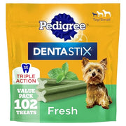 Pedigree Dentastix Small & Toy Breed Dental Dog Treats, Fresh, 102 Count | Triple action dental care, reduces tartar buildup, cleans teeth, freshens breath, for dogs 7-22 lbs, no added sugar/fillers