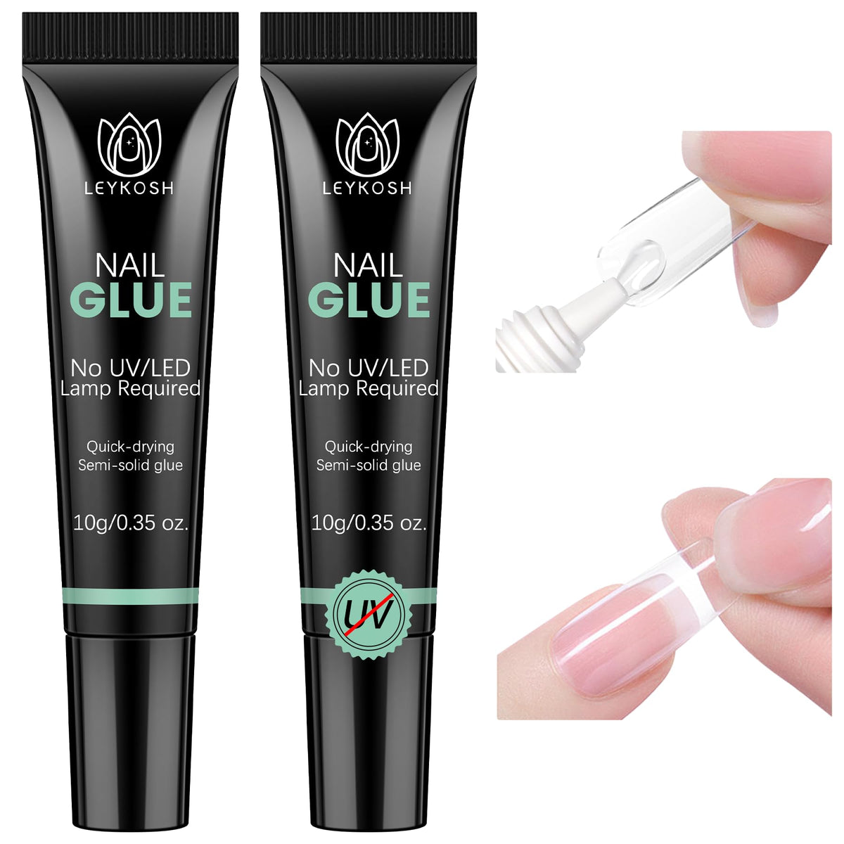 Leykosh Super Strong Nail Glue for Press Ons, Semi Solid, No UV Lamp Needed | 2 x 10g press on nail glue long lasting for acrylic tips. semi solid nail glue no uv light needed for at-home use.