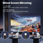 Wirelss Mini projector, WIFI6&Bluetooh with wired screen sync 4K 1080P portable projector 180° rotation. 17-130" screen video projector. Compatible with smartphones, laptops.