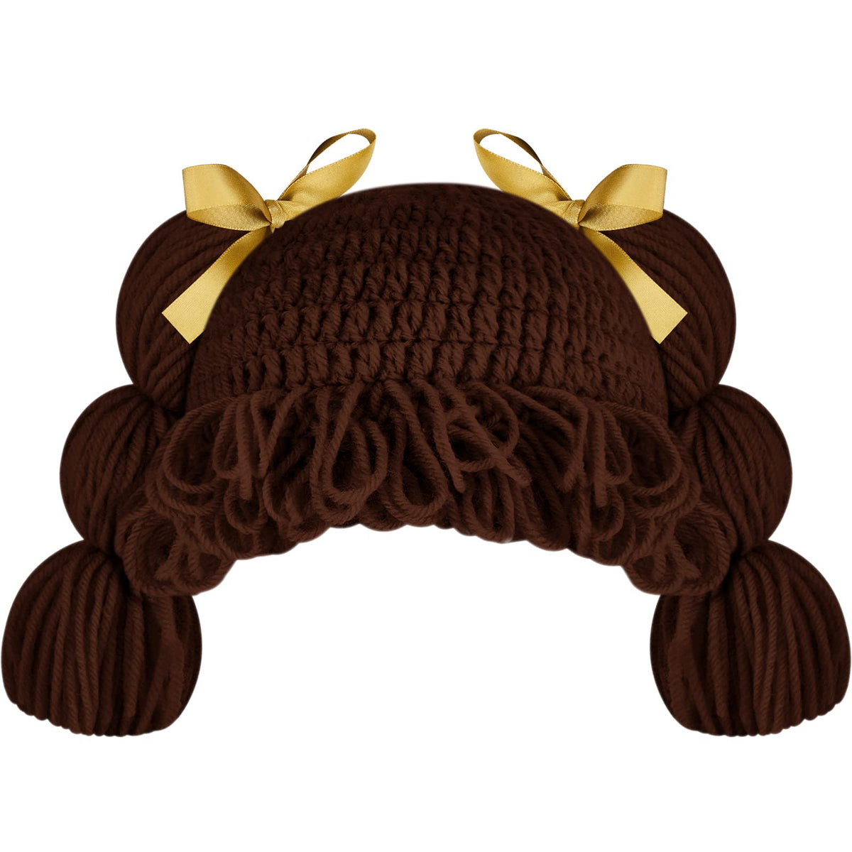 Jeere Halloween Cabbage Costume Yarn Wig, Dark Brown 1, Loop Pigtails | Yarn Hat with Twin Pigtails, Pink Bow Accents, Bangs Fringe, Infant Halloween Costume, Newborn Photo Prop for Dress up