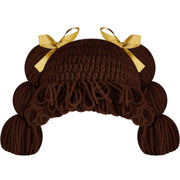 Jeere Halloween Cabbage Costume Yarn Wig, Dark Brown 1, Loop Pigtails | Yarn Hat with Twin Pigtails, Pink Bow Accents, Bangs Fringe, Infant Halloween Costume, Newborn Photo Prop for Dress up