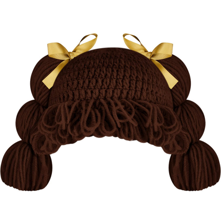 Jeere Halloween Cabbage Costume Yarn Wig, Dark Brown 1, Loop Pigtails | Yarn Hat with Twin Pigtails, Pink Bow Accents, Bangs Fringe, Infant Halloween Costume, Newborn Photo Prop for Dress up