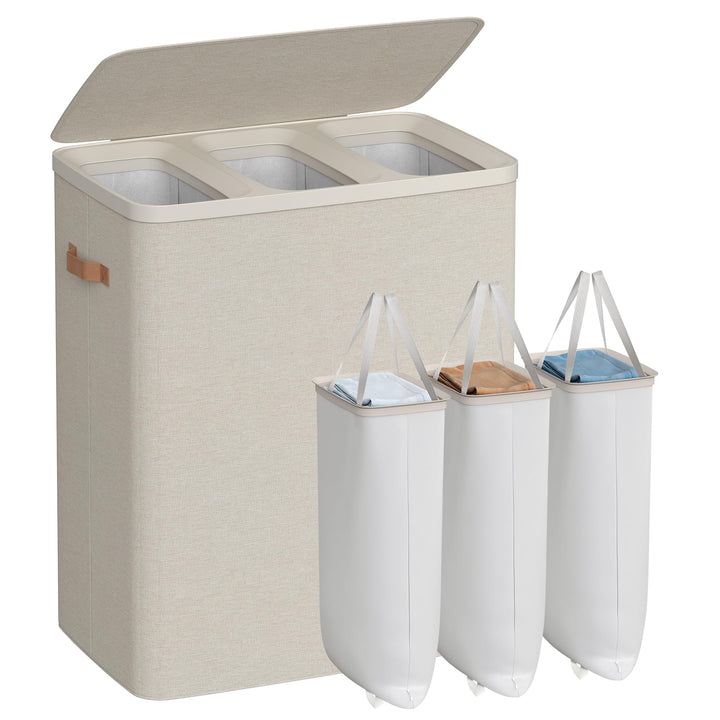 SONGMICS Laundry Basket, 190L Laundry Hamper with Lid, 3 Removable Bags | Easy Assembly Laundry Sorters, with Handles, 25.2 x 15.7 x 29.5 Inches, Cappuccino, BROSI Collection ULCB814LH01
