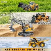 Remote Control Excavator (11-Channel), Dump Truck, Bulldozer, Loader (9-Channel), 2.4GHz Remote Control Construction Vehicles, Made of ABS, with Cool Lights and Sound Effects, 4-Pcs