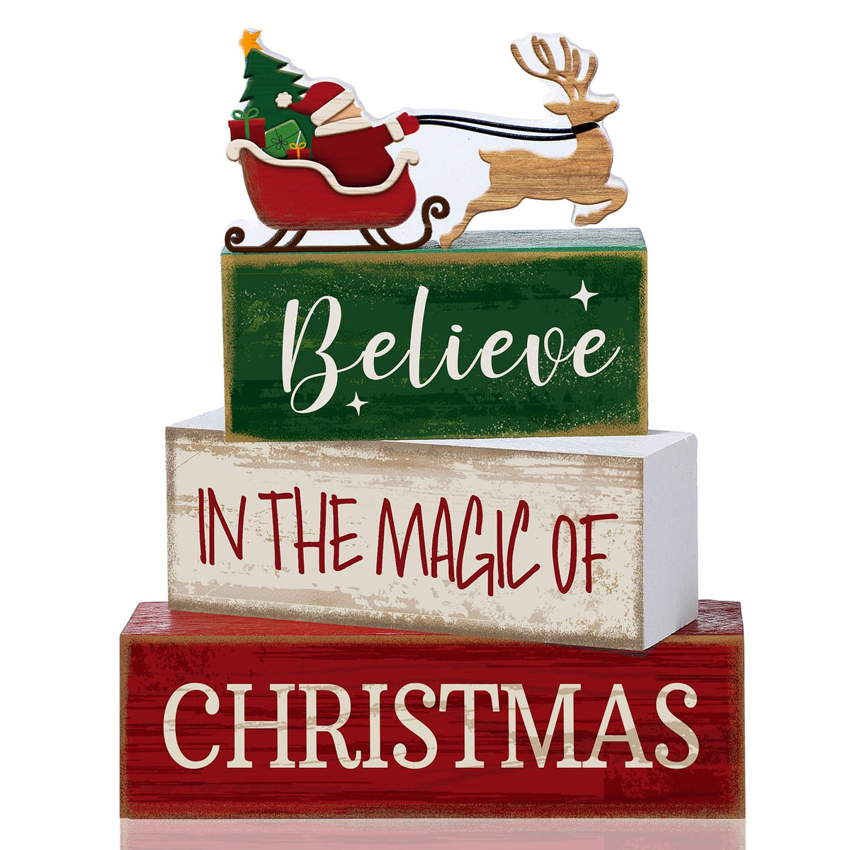 Lineshading 4 Pcs Christmas Table Decorations Wooden Stacked Block Santa | Rustic Farmhouse Block Sign with Believe Message, Tiered Tray Decor for Home Shelf, Xmas Decorations for Mantel Party