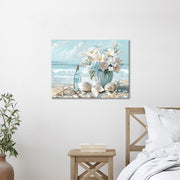 Wooden Framed Canvas Wall Art Blue Ocean Coastal Seascape Painting on Canvas Prints Poster Hydrangea Lilies Flower in Vase Pictures for Living Room Bedroom Home Hallway Corridor Wall Decor 30x40cm