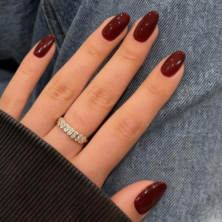 Modelones Dark Red Fall Press on Nails Short Almond, Burgundy Fake Nails