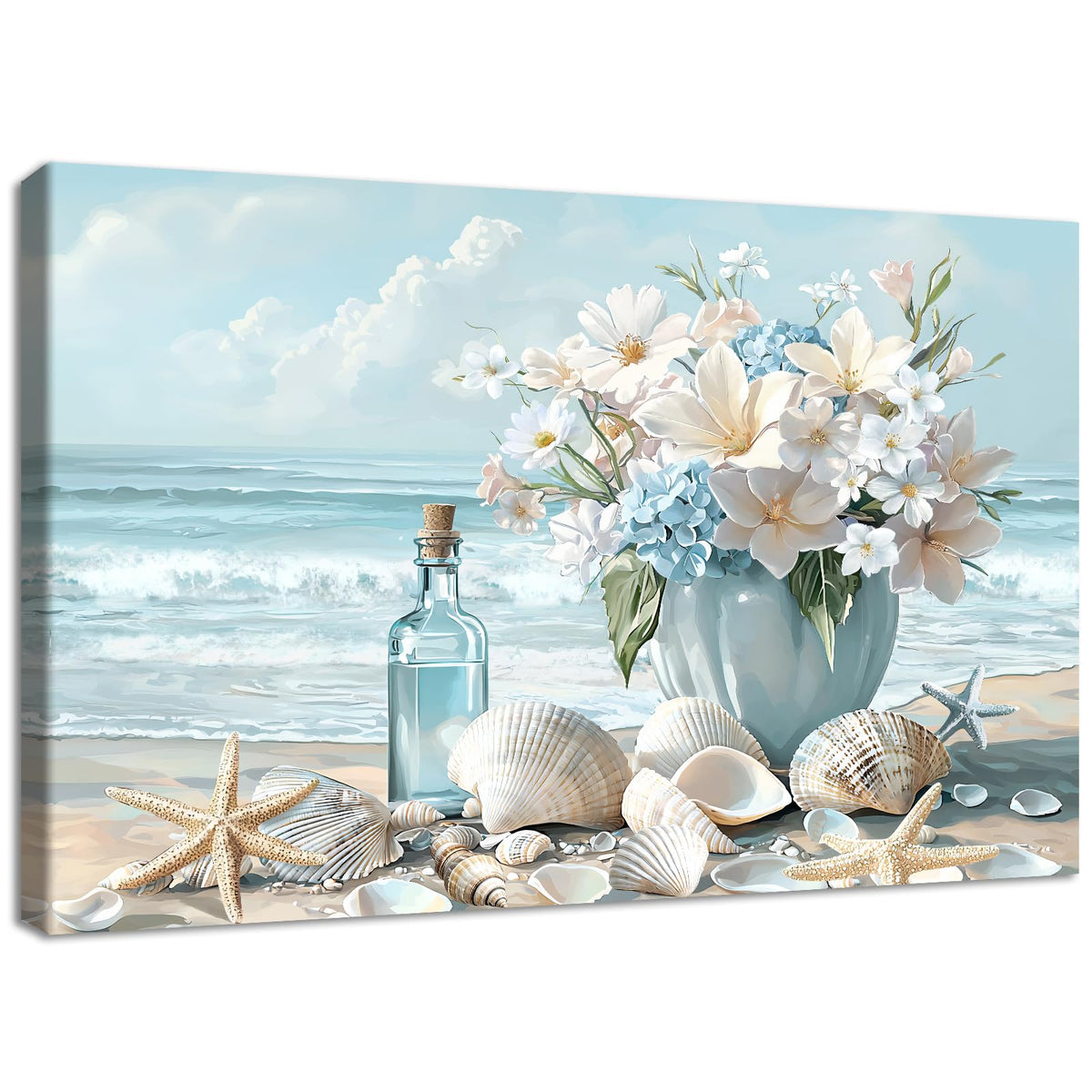 Wooden Framed Canvas Wall Art Blue Ocean Coastal Seascape Painting on Canvas Prints Poster Hydrangea Lilies Flower in Vase Pictures for Living Room Bedroom Home Hallway Corridor Wall Decor 30x40cm