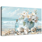 Wooden Framed Canvas Wall Art Blue Ocean Coastal Seascape Painting on Canvas Prints Poster Hydrangea Lilies Flower in Vase Pictures for Living Room Bedroom Home Hallway Corridor Wall Decor 30x40cm