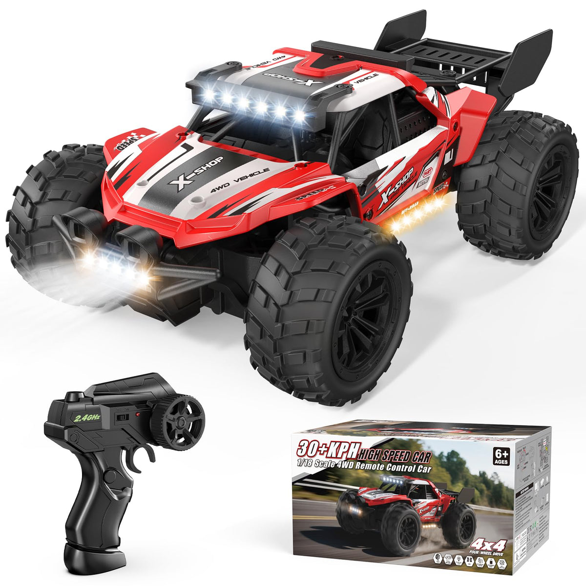 Remote Control Car, 4WD High Speed 30+KPH RC Cars for Boys Age 8-12, 2.4GHz RC Monster Truck Toys, 1:18 RC Truck with 2 Rechargeable Batteries & LED Lights, Birthday Gifts for Adults Kids