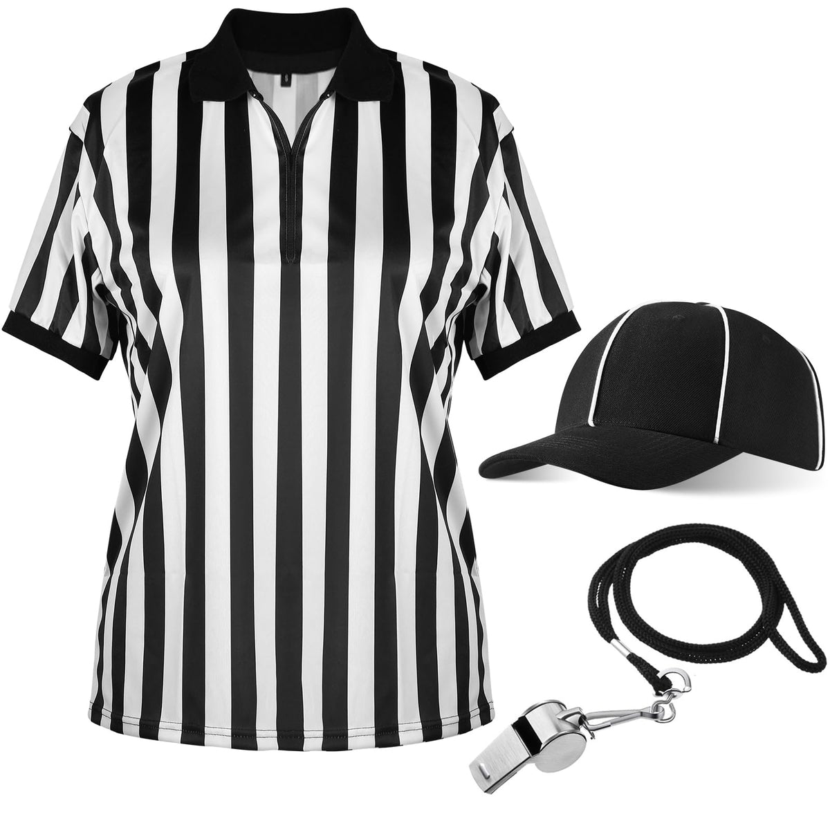 Geyoga 3 Pcs Halloween Referee Costume Set for Men Women | Adult Referee Shirt, Official Black and White Stripe Ref Umpire Jersey, Hat Whistle, Football Basketball, Sports Uniform