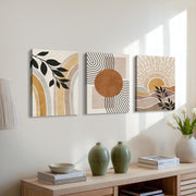 3 Pcs Wooden Framed Canvas Wall Art Canvas Prints Boho Mid Century Modern Painting Bohemian Nature Plants Desert Sun Pictures for Living Room Bedroom Bathroom Hallway Wall Decor 30x40 cm x3pcs