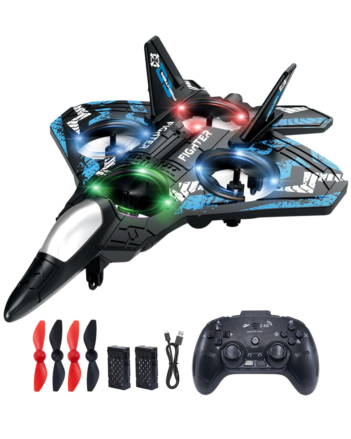 JoyRapt Drones for Kids Foam RC Plane, Remote Control Airplane | Toys Gifts for 6 8 10 Years Old Boys, Jet Helicopter Drones with LED Lights 360° Flip, 2 Rechargeable Batteries