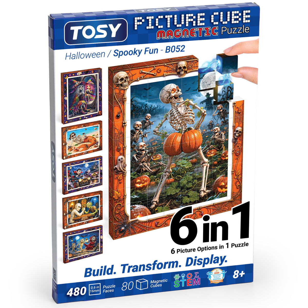 TOSY Picture Cube Halloween Spooky Fun: 6-in-1 Magnetic Picture Puzzle, 80 Blocks, 480 Puzzle Faces, 0.63 in, B052, Seamless UV Art, Display-Ready Frame, Collectible, STEM/STEAM Gift for Kids & Adults