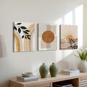 3 Pcs Wooden Framed Canvas Wall Art Canvas Prints Boho Mid Century Modern Painting Bohemian Nature Plants Desert Sun Pictures for Living Room Bedroom Bathroom Hallway Wall Decor 30x40 cm x3pcs