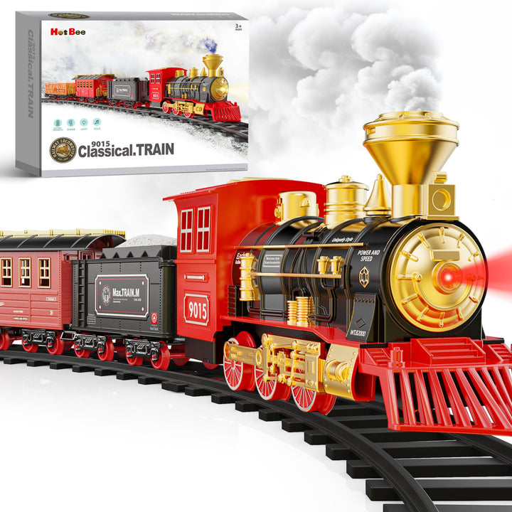 Hot Bee Train Set, Train Toys with Smoke, Lights, Sound and Train Tracks
