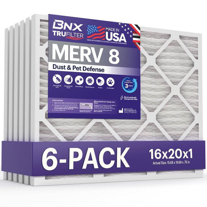 BNX TruFilter 16x20x1 Air Filter MERV 8 Dust, Pet & Allergy Defense 6-Pack | Actual Size: 15.69 x 19.69 x 0.75, Electrostatic Pleated HVAC AC Furnace Filter Replacement, Made in USA, MPR 600–700 & FPR 5