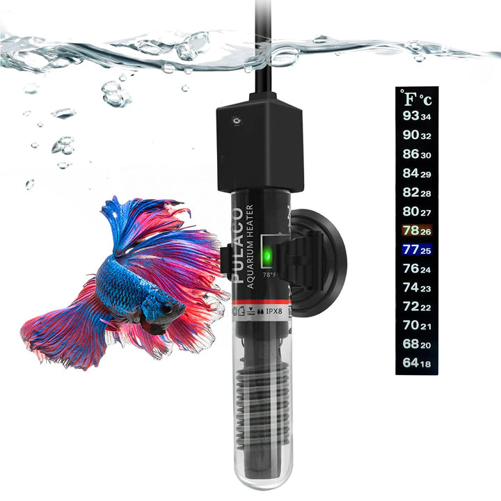 PULACO 25Watt Mini Aquarium Heater, Submersible Betta Heater | Small Fish Tank Heater with Free Thermometer Strip for 1-6 Gallon Fish Tanks (Preset Temperature 78℉)