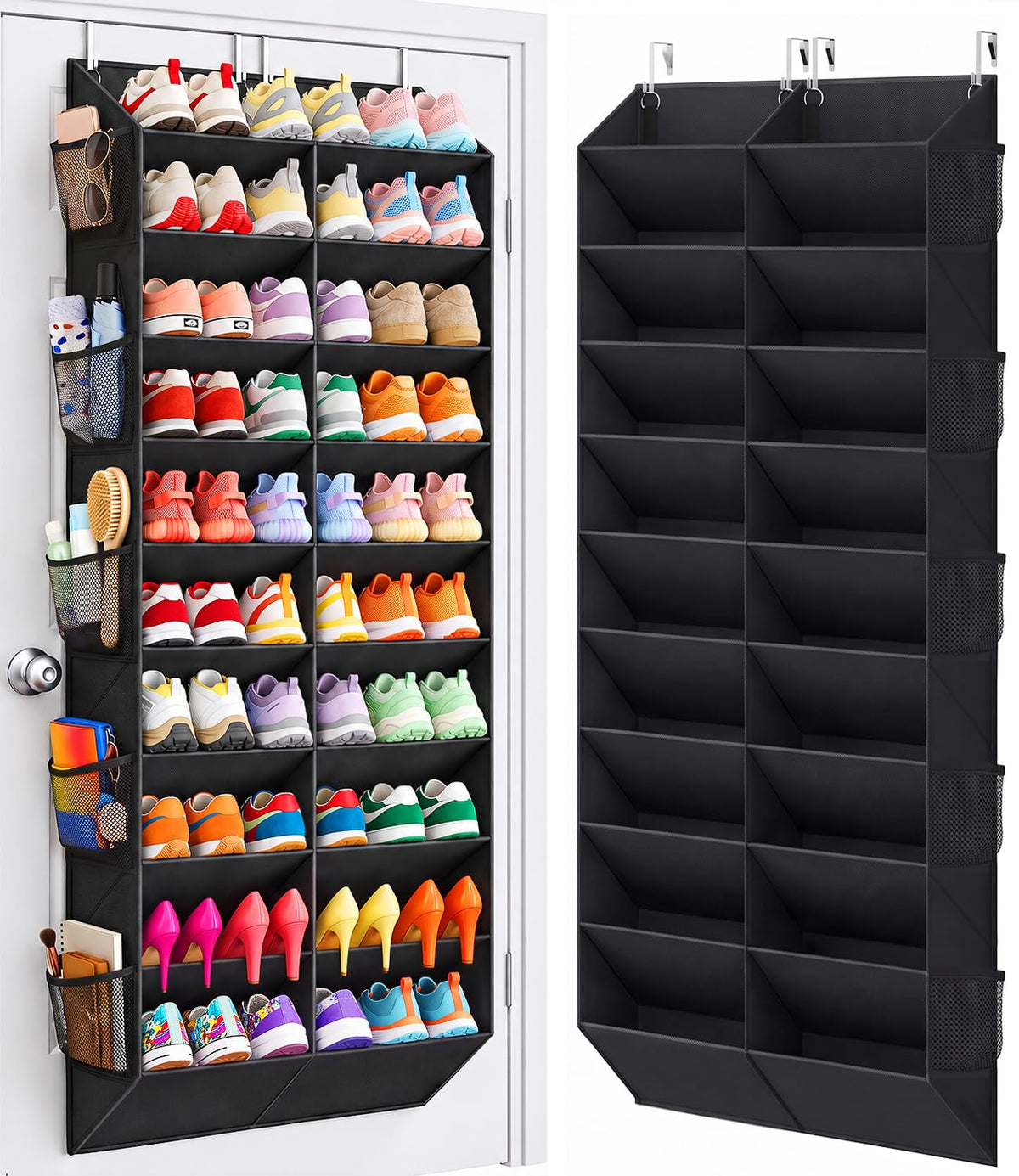 UVIAHOMI 20-30 Pairs Over the Door Shoe Organizer with Side Mesh Pockets | Black 10-Tier Hanging Shoe Storage for Closet, Breathable Door Shoe Rack Holds Sneakers, Boots, Heels & Daily Essentials