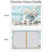 Wooden Framed Canvas Wall Art Blue Ocean Coastal Seascape Painting on Canvas Prints Poster Hydrangea Lilies Flower in Vase Pictures for Living Room Bedroom Home Hallway Corridor Wall Decor 30x40cm