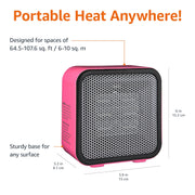 Amazon Basics Ceramic Space Heater, Portable Mini Heater for Office Desk, Fast Heating, Efficient, Indoor Use, 500W, With Tip-Over Protection, Lightweight 1.4 lbs, Pink, 5.9"D x 3.2"W x 6"H