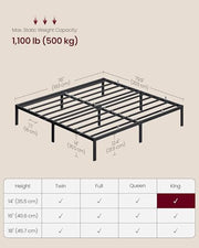 VASAGLE King Metal Bed Frame, 14 Inches Tall, 1100 lb Weight Capacity | Heavy-Duty Platform Bed, No Box Spring Needed, Under-Bed Storage, Mattress Retainers, Easy Setup, URMB654BD02S