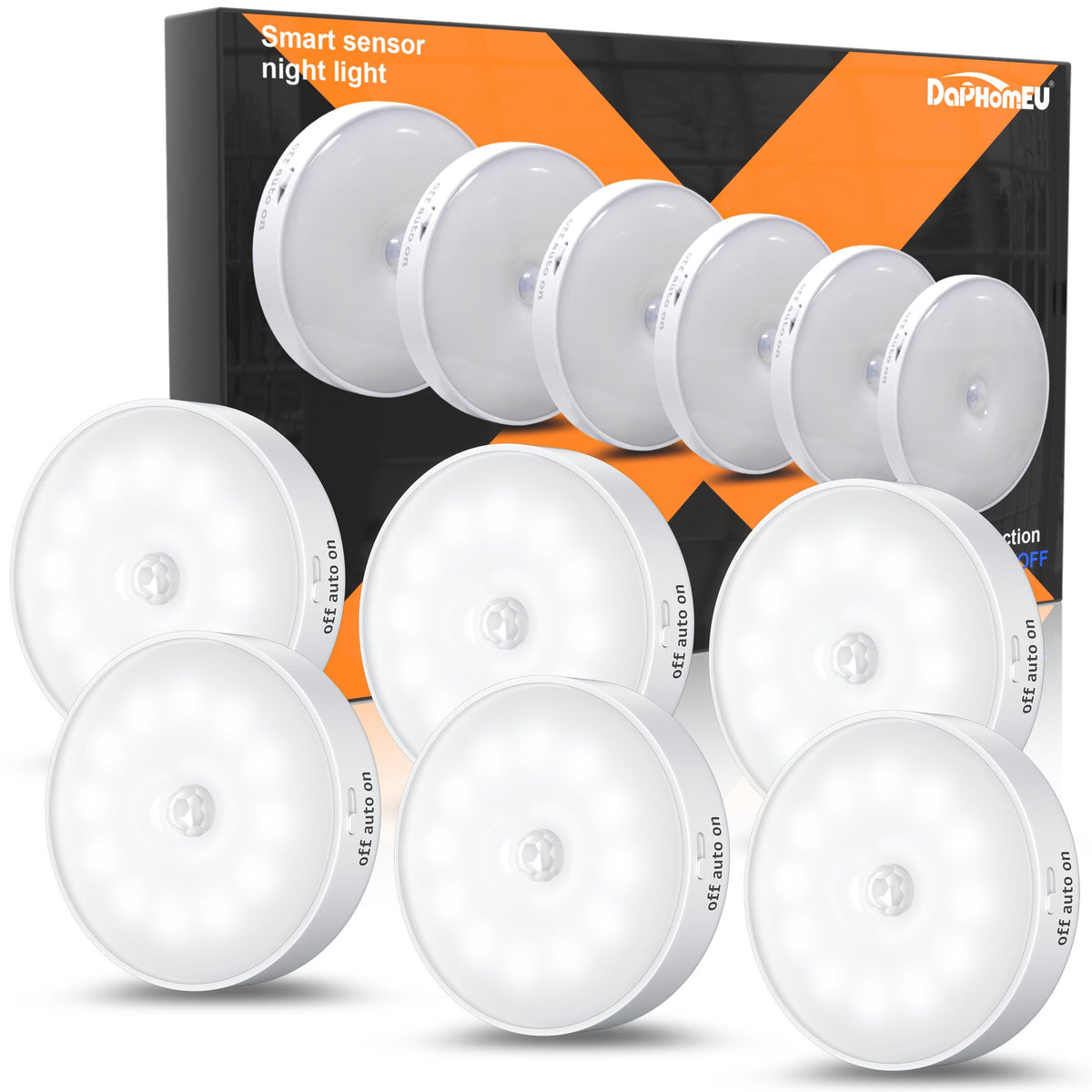 daphomeu Motion Sensor Lights Indoor,6 Pack Wireless USB Rechargeable Cupboard Lights,Stick on Wall Night Light,Battery Operated for Stair Wardrobe Corridors Closet Under Cabinet Kitchen Puck Lights