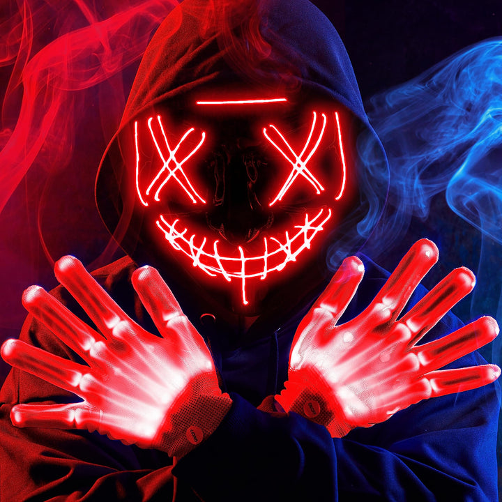 JOYIN Halloween Led Mask, Light Up Mask and Gloves for Cosplay Costume (Red), 3 Modes Scary Glow in The Dark Masks for Boys Girls Halloween Party Dress Up Accessories, Gifts Giving