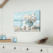 Wooden Framed Canvas Wall Art Blue Ocean Coastal Seascape Painting on Canvas Prints Poster Hydrangea Lilies Flower in Vase Pictures for Living Room Bedroom Home Hallway Corridor Wall Decor 30x40cm