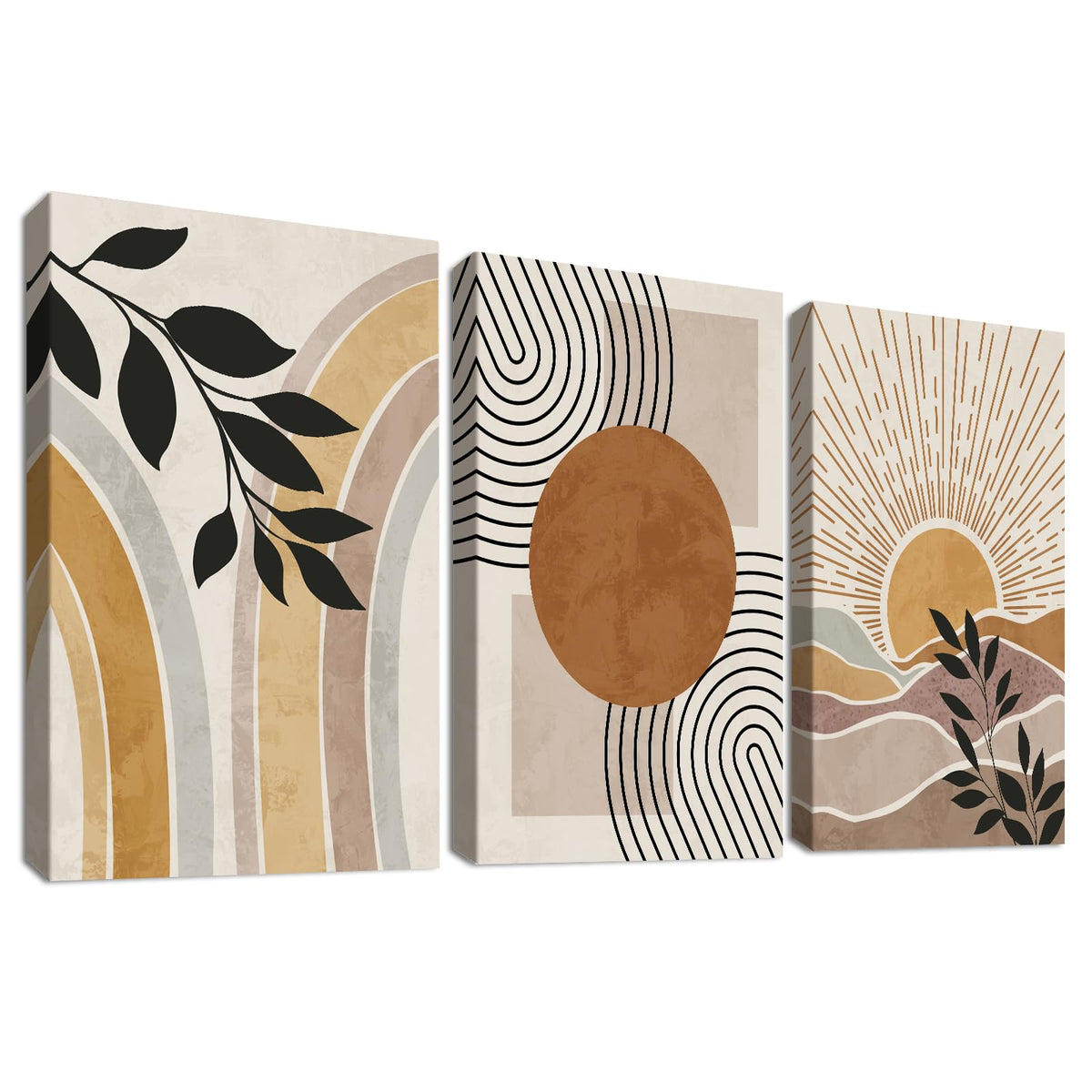 3 Pcs Wooden Framed Canvas Wall Art Canvas Prints Boho Mid Century Modern Painting Bohemian Nature Plants Desert Sun Pictures for Living Room Bedroom Bathroom Hallway Wall Decor 30x40 cm x3pcs